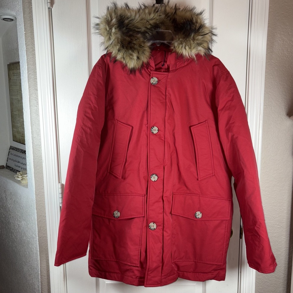 Piombo Men's L Red Coat Faux Fur Hood 5 Pockets NWT $259 Italian Outerwear